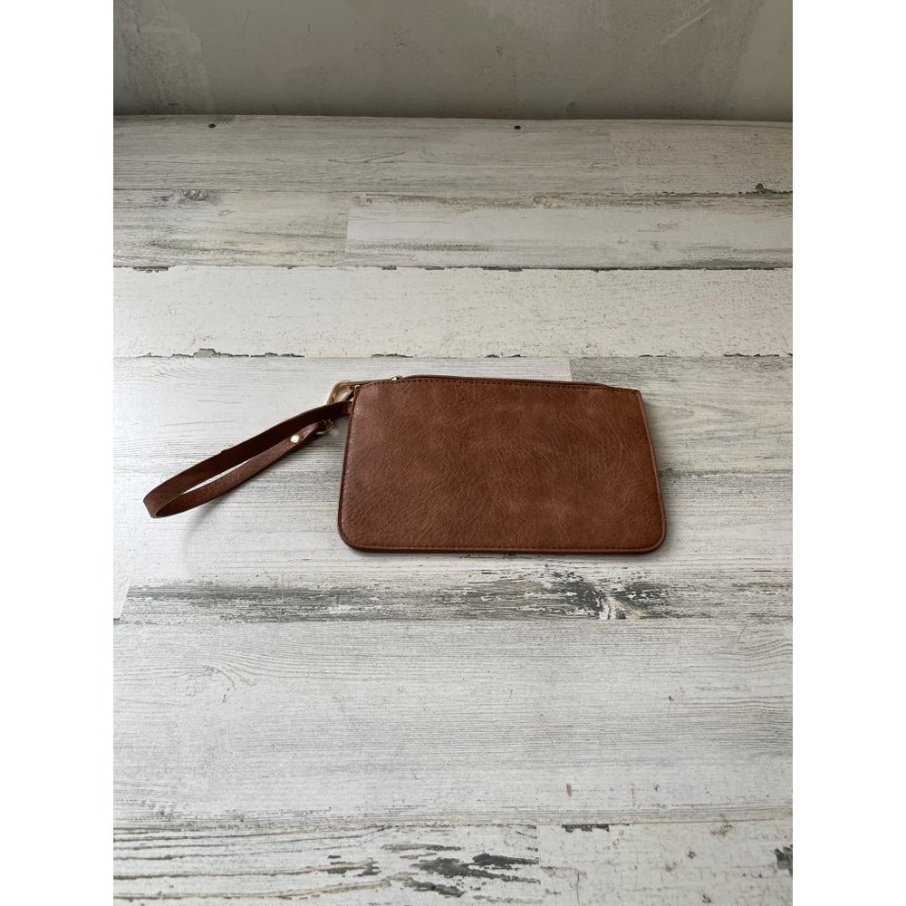 Tan with gold zippered clutch bag and handle